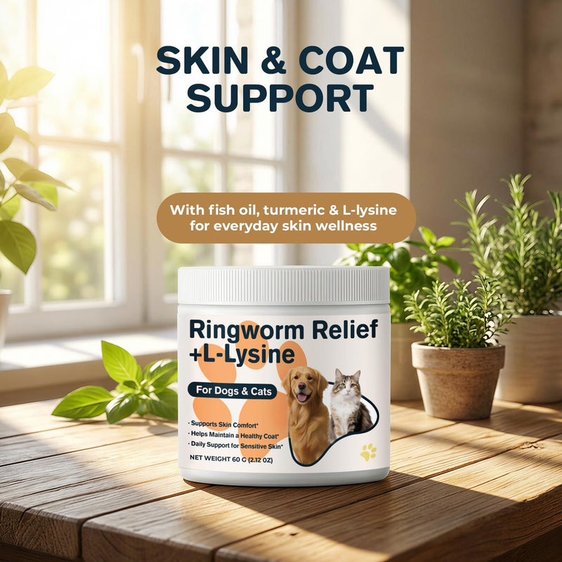 Ringworm Treatment for Dogs & Cats + L-Lysine, Skin & Coat Support Powder, Helps Reduce Scratching, Itching & Patchy Coat, with Fish Oil, Beta-Glucan, Turmeric, Zinc & Biotin, 60 g