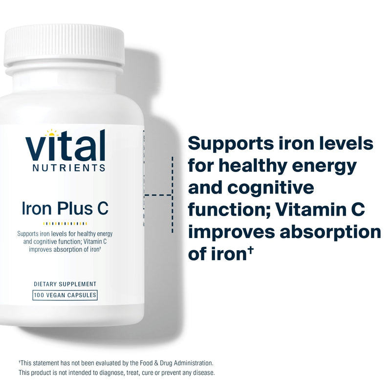 Vital Nutrients Iron Plus C - Vegan Iron Supplement - 20mg Fe with 200mg Vitamin C to Increase Fe and Energy Levels - Gluten, Dairy, Soy Free - Non-GMO - 100 Capsules