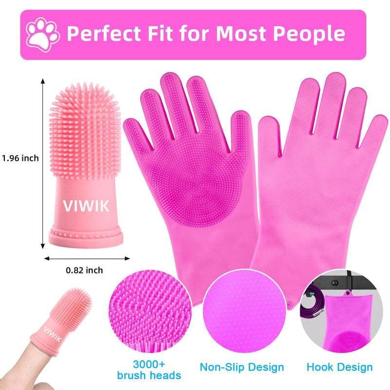 VIWIK Dog Bath Gloves with 4Pack Dog Toothbrush, Dog Grooming Kit, Dog Finger Toothbrush for Small Breed, Medium Large Dogs, Silicone Dog Washing Gloves with High-Density Teeth, Pink - BeesActive Australia