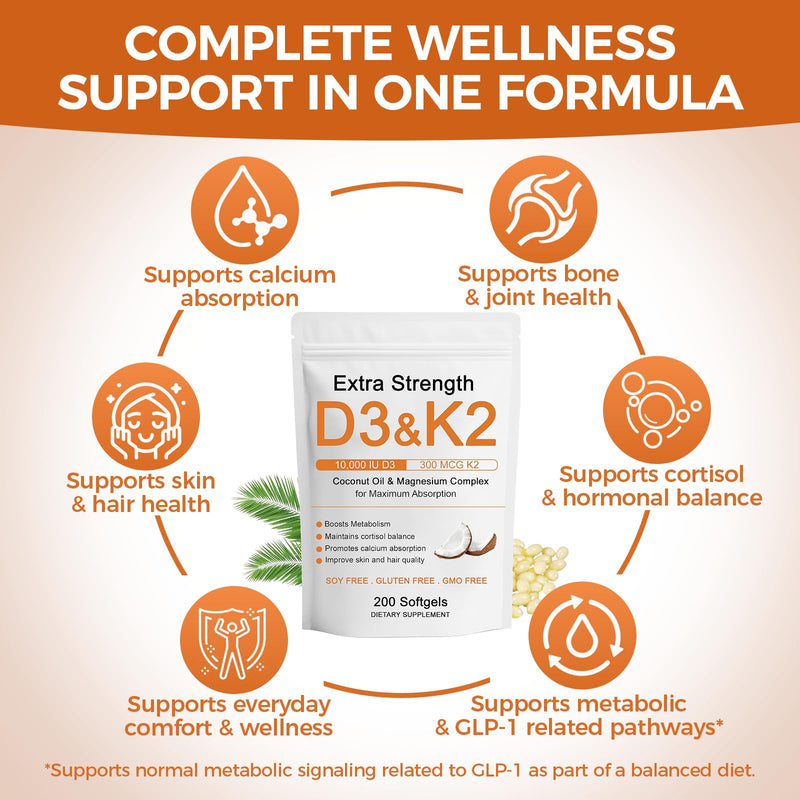 D3 K2 Vitamin 10000 IU, Extra Strength Wellness D3K2 with Triple Magnesium & Coconut Oil for Maximum Absorption, Support Bone & Immune Health, Non-GMO,Easy to Swallow, 200 Softgels 1pc