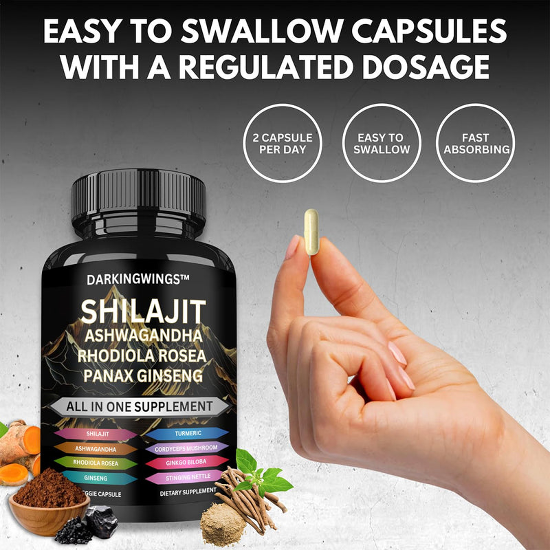 8-in-1 Shilajit 9000 Panax Ginseng 1500MG Ashwagandha 2000MG Rhodiola Rosea 1000MG, Turmeric 500MG, Gingko Biloba 500mg, Stinging Nettle 250MG, Cordyceps Mushroom 500mg for Full Body Power - BeesActive Australia
