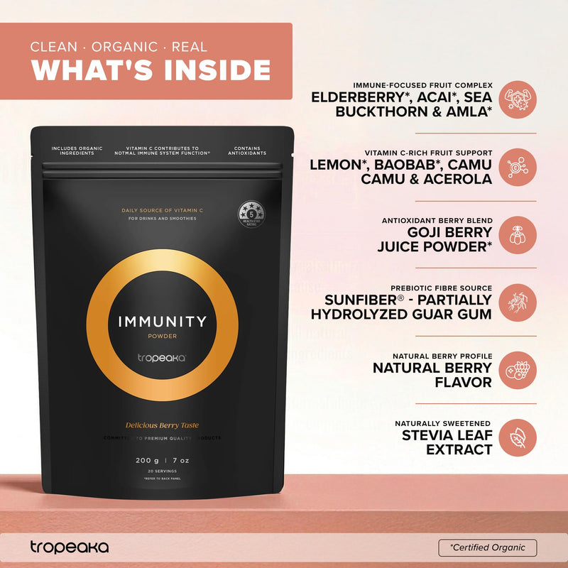 Tropeaka Immunity Powder - Immune Support Supplement, Antioxidant Rich Superfood Powder with Vitamins & Minerals, Boost Energy & Collagen Production - Vegan, Gluten Free, Non-GMO - 7oz (20 Servings)