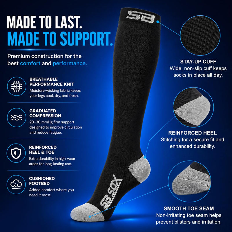 SB SOX Compression Socks for Men & Women (20-30mmHg) Large Black/Gray
