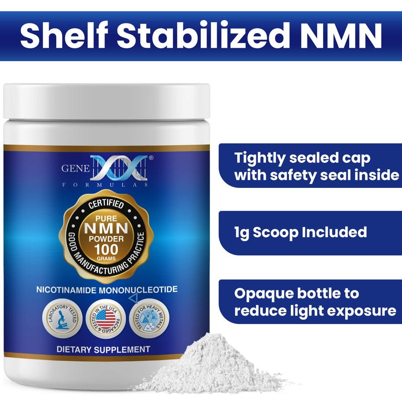 Genex Formulas Pure NMN Powder 1 Gram Dose 99.9% Pure NMN, 100 Grams | Instant Dissolve, Shelf Stable, Non-Synthetic, PVP Free, Ultra-Low Density, Made in a US-Based, GMP, NSF Certified Facility 1 Pack 100 g