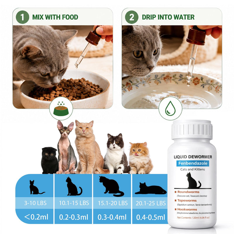 Fenbendazole Liquid Dewormer for Cats & Kittens, Treat Tapeworms, Roundworms & Hookworms - 4.06 oz, 120ml