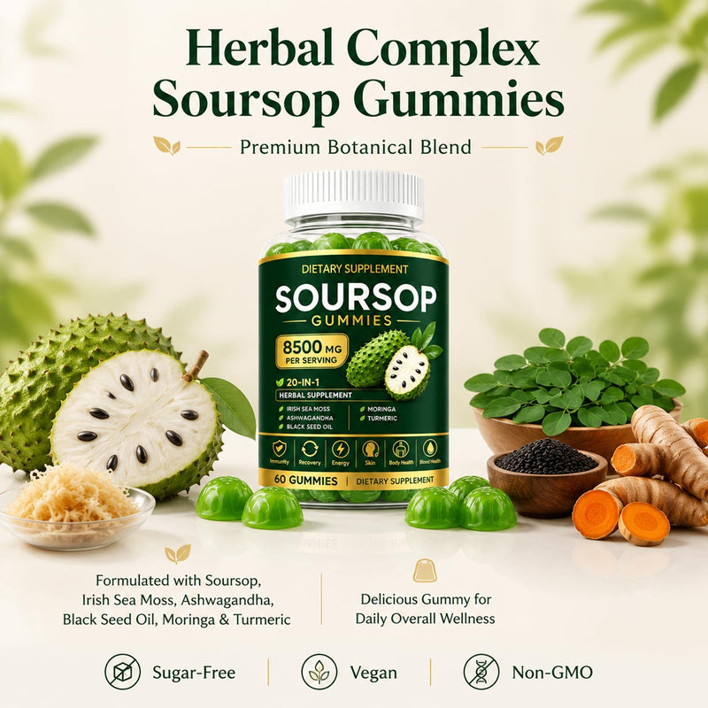 Soursop Gummies with Graviola Leaf Extract, Vitamin C & Zinc - Immune Support, Antioxidant & Calming Relief - Non-GMO, Sugar Free, Gluten Free, Vegan, 60 Count