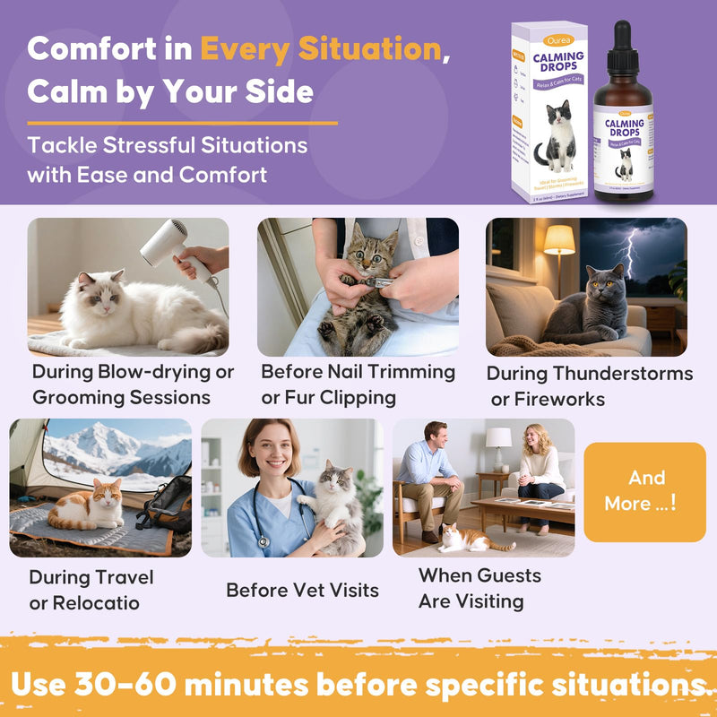 Cat Calming Drops for Grooming Travel & Vet Visits – Natural Supplement with Melatonin and Valerian Root, Supports Relaxation Comfort and Calm Behavior in Stressful Situations