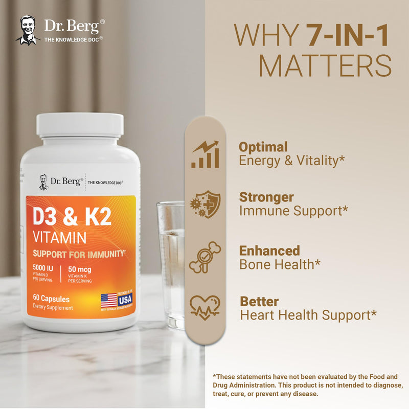 Dr. Berg Maximum Strength 7-in-1 Vitamin D3 K2 5000 IU | Naturally Derived D3 | 4X Lab-Tested & Verified | High Absorption Formula | K2 D3 Vitamin Supplement | 60 Capsules 60 Count (Pack of 1)
