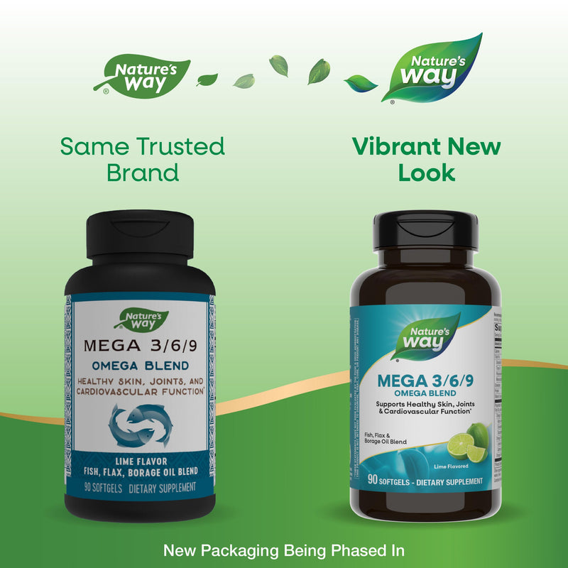 Nature's Way Mega 3/6/9 Omega Blend, Lime Flavor, 90 Softgels | Fish, Flax and Borage Oil Blend with Omega 3, 6 and 9 Fatty Acids to Support Healthy Skin, Joints & Cardiovascular Function* 90 Count (Pack of 1)