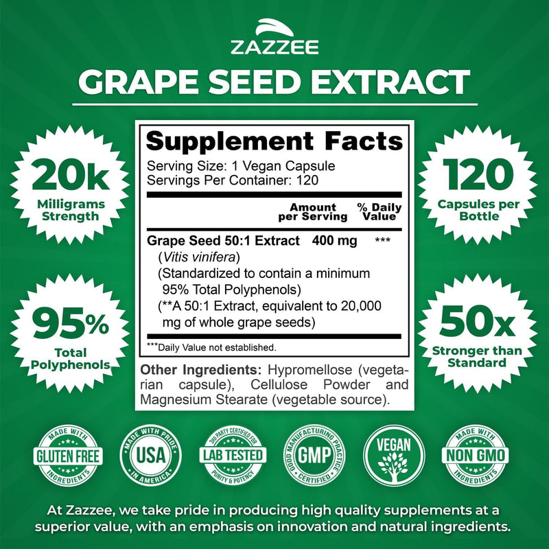 Zazzee Circulatory Support Bundle | 50:1 Grape Seed Extract Plus Extra Strength Horse Chestnut Supplement | Non-GMO Vegan & ISO Lab Tested (120 Servings Each)