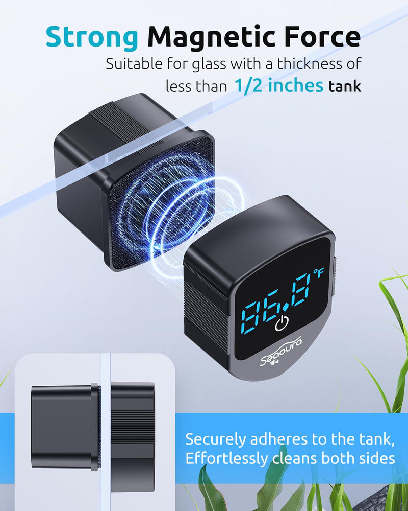 SEAOURA 2-in-1 Aquarium Magnetic Cleaner with Digital Aquariums Thermometer, Fish Mini Magnets Brush only for Glass Tank,Tiny Magnet Floating Cleaning Tool for 1-30 Gallons Black