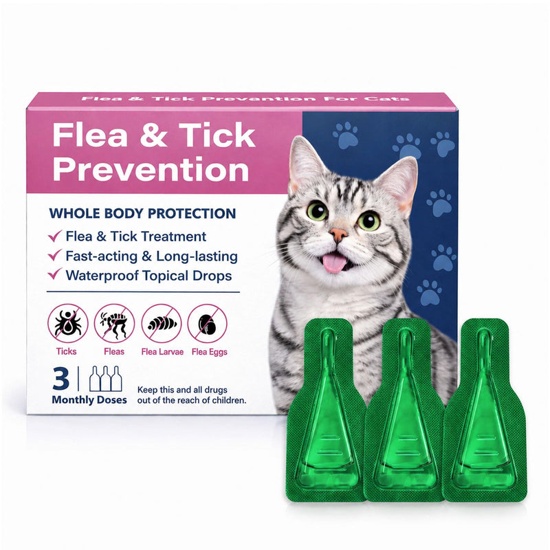 Topical Flea & Tick Drops for Cats & Kittens, Waterproof Monthly Care for Cats Over 1.5 lbs and 8 Weeks or Older, 3 Doses (3-Month Supply)