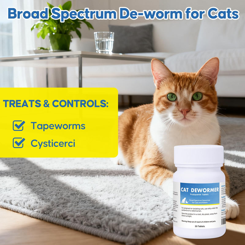 Dewormer for Cats and Kittens, Praz-qantl Tablets Broad Spectrum Dewormer for Tapeworms, Hookworms & Roundworms, for Cats and Kittens 6 Weeks and Older, Easy to Administer, 50 Tablets