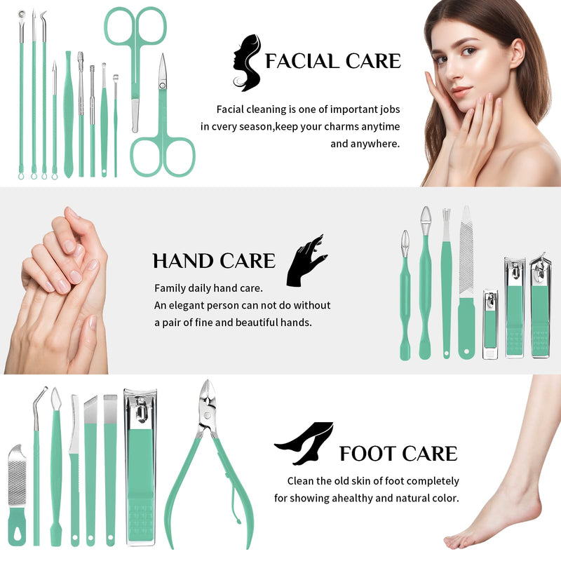 MINKINH Travel Manicure Set 26-Piece, Portable Nail Clippers Kit with PU Case, Carbon Steel Clippers, 410 Stainless Steel Grooming Tools, Hand Foot Facial Care for Luggage Backpack（Green） Green