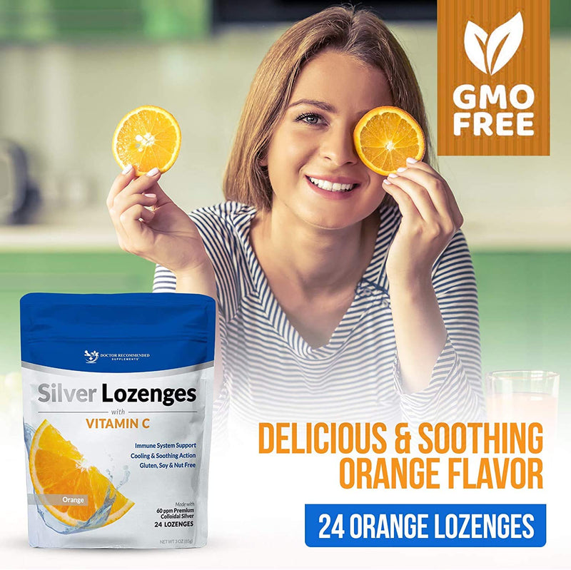 Silver Lozenges with Vitamin C - Premium Nano Silver 60 PPM Colloidal Silver, Organic Honey and Vitamin C Mineral Supplement Drops to Support Immune System, Soothe Cough & Throat - Pack of 2 Orange 24 Count (Pack of 2)