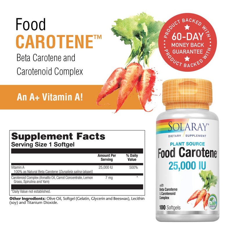SOLARAY Food Carotene, Vitamin A as Beta Carotene 25000IU Carotenoids for Healthy Skin & Eyes, Antioxidant Activity & Immune System Support (076280041217) (100 CT) 100 Count (Pack of 1) - BeesActive Australia