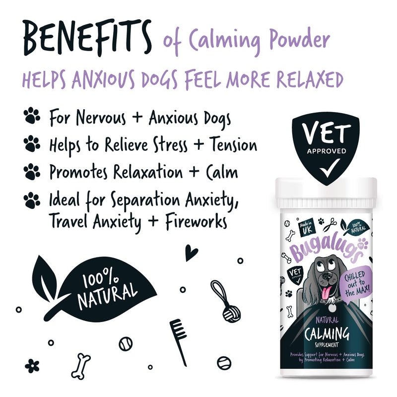 BUGALUGS Dog Calming Products - Perfect Remedy for Dog Anxiety relied - Easy to Use Powder, No Tablets, Spray or Plug in Needed - Suitable for All Breeds (80g) 80g