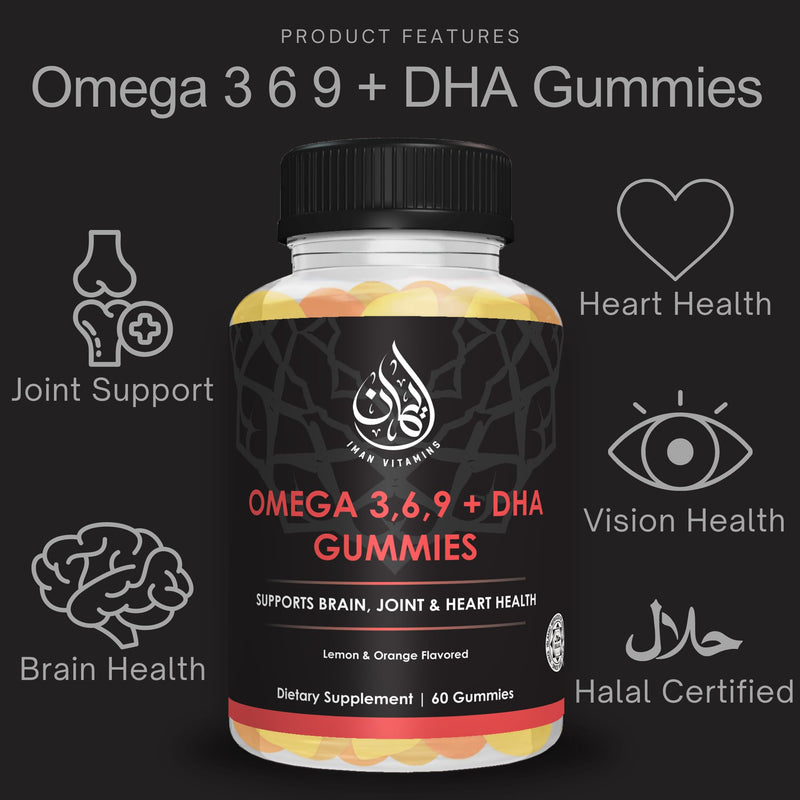 Halal Omega 3 Gummies with DHA, Plant Based, 60 Count | Vegetarian, Fish Oil alternative, Sourced with essential fatty acids & Vitamin C to support brain, eyes & heart health.