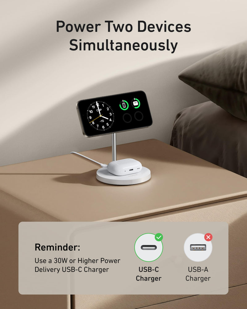 Anker MagSafe Charger Stand Compatible, MagGo 2-in-1 Charging Station, 【Upgraded】 Qi2 Certified 15W Wireless Charger Stand, for iPhone 15/14/13/12, AirPods Pro White - BeesActive Australia