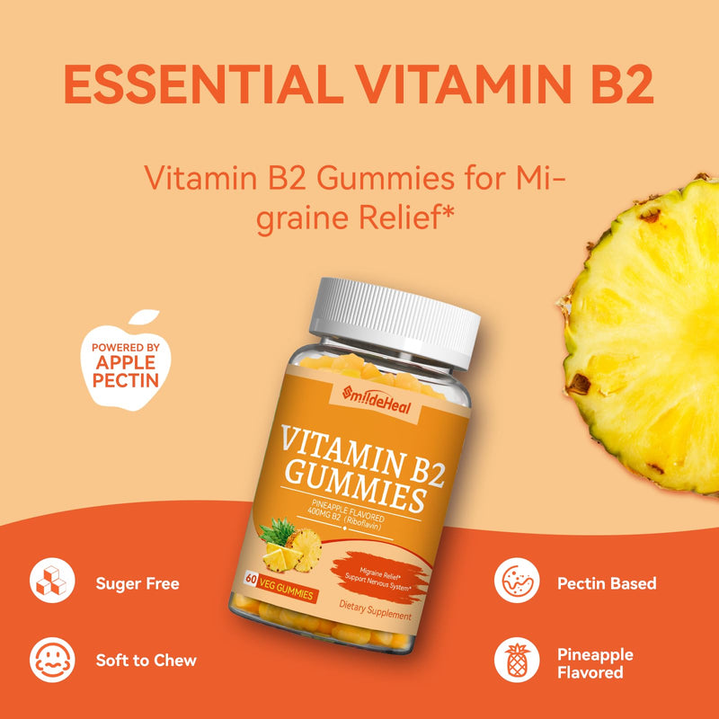 Vitamin B2 Gummies - Riboflavin 400mg with Magnesium for Adults -120 Gummy | B2 Gummies for Migraine Relief* & Nervous System Support* - Vegan Chewable Gummies (60 Day Supply) 60 Count (Pack of 2)
