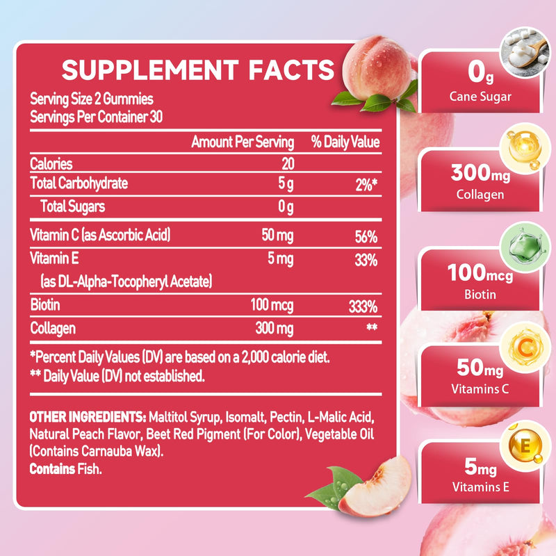 Collagen Gummies 300mg for Women, Hair, Skin & Nails, 60 Gummies | With Biotin & Vitamins C and E, Gluten-Free Vegetarian Gummies, Peach Flavor