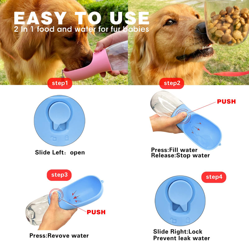 Dog Water Bottle with Food Container, Portable Pet Dog Water Dispenser for Outdoor Walking,Hiking,Travel,Puppy essentials,Puppy supplies,Replaceable Waste Bags 20oz Blue - BeesActive Australia