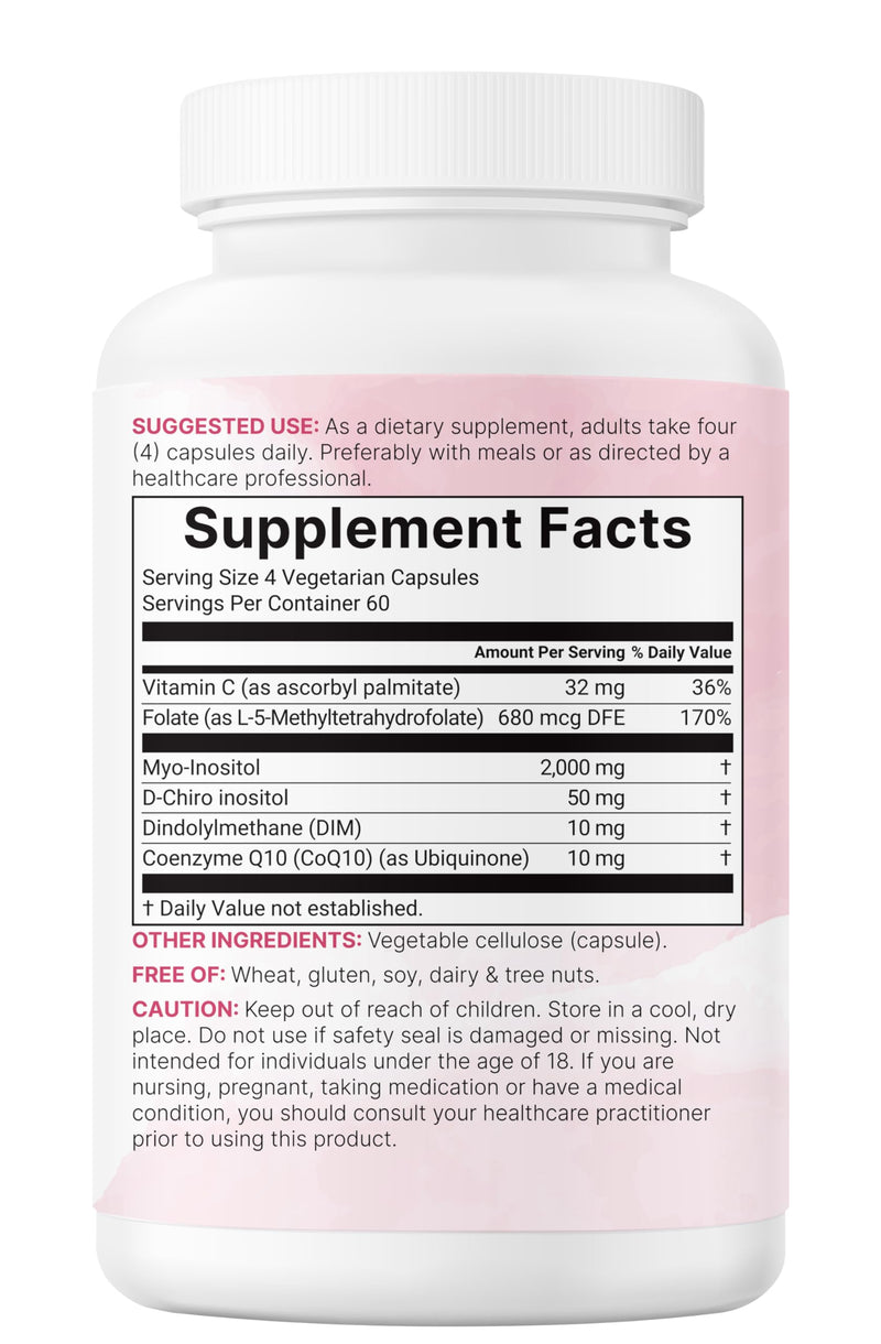Myo-Inositol & D-Chiro Inositol 2,050mg | 240 Veggie Capsules + Vitamin C, Folate, DIM, & CoQ10 | Inositol Supplement for Women | 40:1 Ratio | Hormonal Balance & Ovarian Support | Filler Free