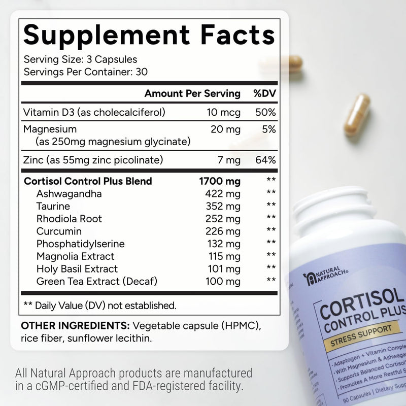 Cortisol Control Plus – Cortisol Supplement for Women & Men, Cortisol Manager for Stress Response Support, Calm Energy, Mood & Restful Sleep – High-Potency Adaptogen + Vitamin Blend – 90 Capsules