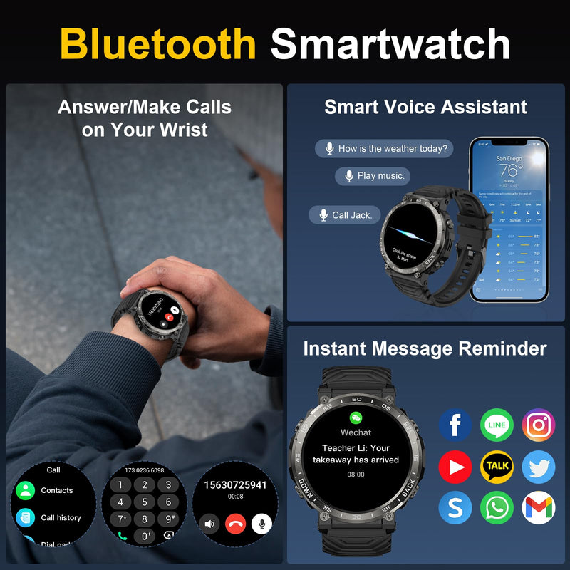 Smart Watches for Men-Bluetooth Call, 1.52" Military Smart Watch for Android iPhone, Waterproof Fitness Tracker Watch with Sleep Tracker, 118 Sports Modes, GPS Pedometer/Step Counter for Walking Black 1.52"