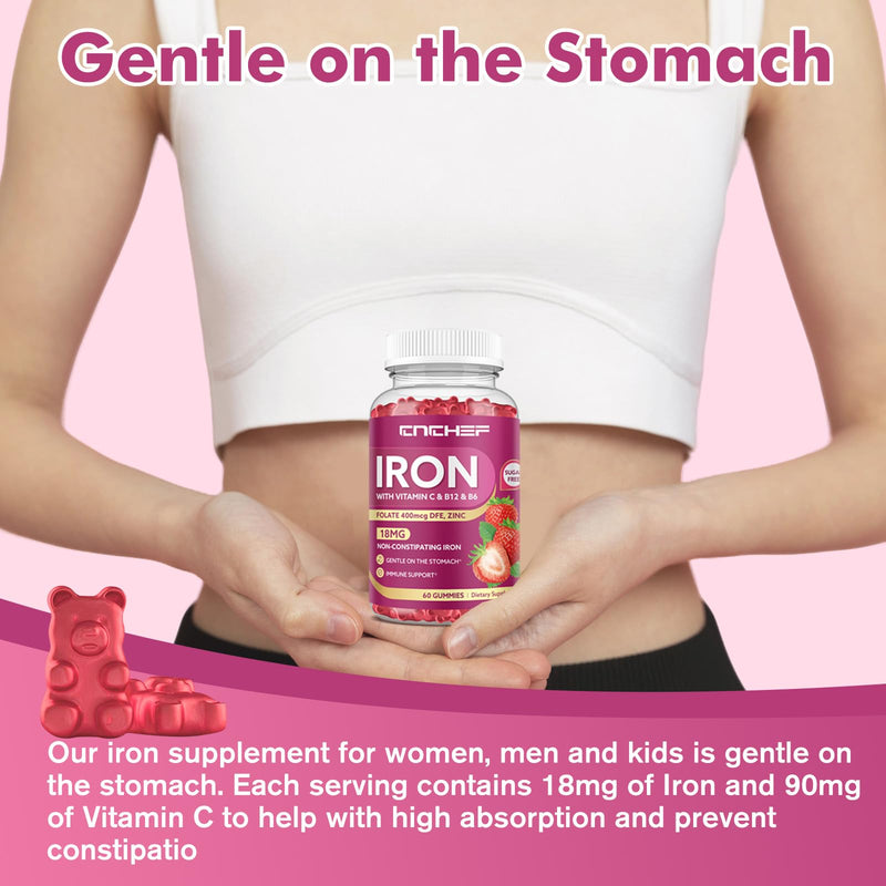 2 Pack Iron Gummies with Multivitamin, Iron Supplement for Women & Men with Folate, Zinc & Vitamin C, B12, B6 for Adults & Kids - Blood Builder & Energy Support for Iron Deficiency - 120 Gummies Strawberry 60 Count (Pack of 2)