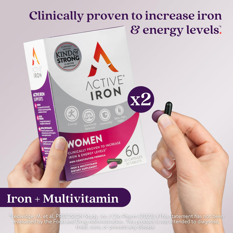 Active Iron Supplement  25mg + Multivitamin for Women, Gentle on Stomach | Clinically Proven Iron Pills & Multivitamin, Increase Iron & Fight Tiredness, Non-Constipating, 60 Capsules + 60 Tablets 60 Count (Pack of 2) Woman