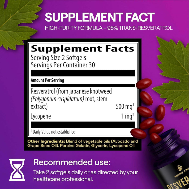 WONDER FAMILY Resveratrol Supplement 500mg, 98% Trans-Resveratrol from Japanese Knotweed, Vegan Antioxidant Capsules for Daily Wellness, Non-GMO, Gluten-Free - 240 Softgels 60 Count (Pack of 4)