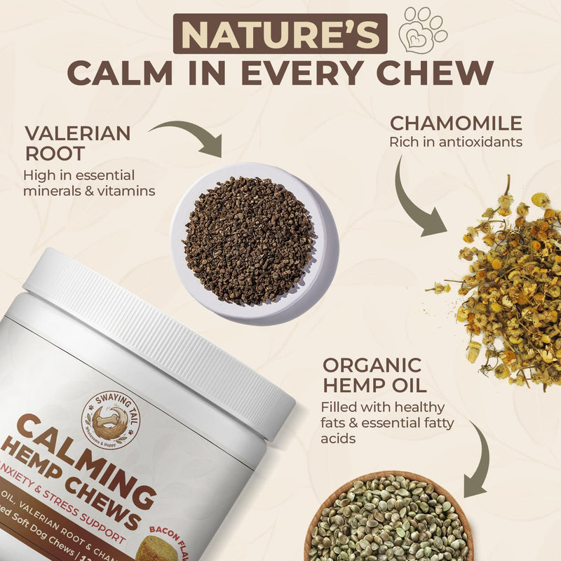 Dog Calming Chews - Bacon Flavor Canine Anxiety Relief & Stress Support - 120 Count Hemp Treats for Pets - Melatonin Free Sleep Aid for Separation Anxiety, Fireworks & Travel