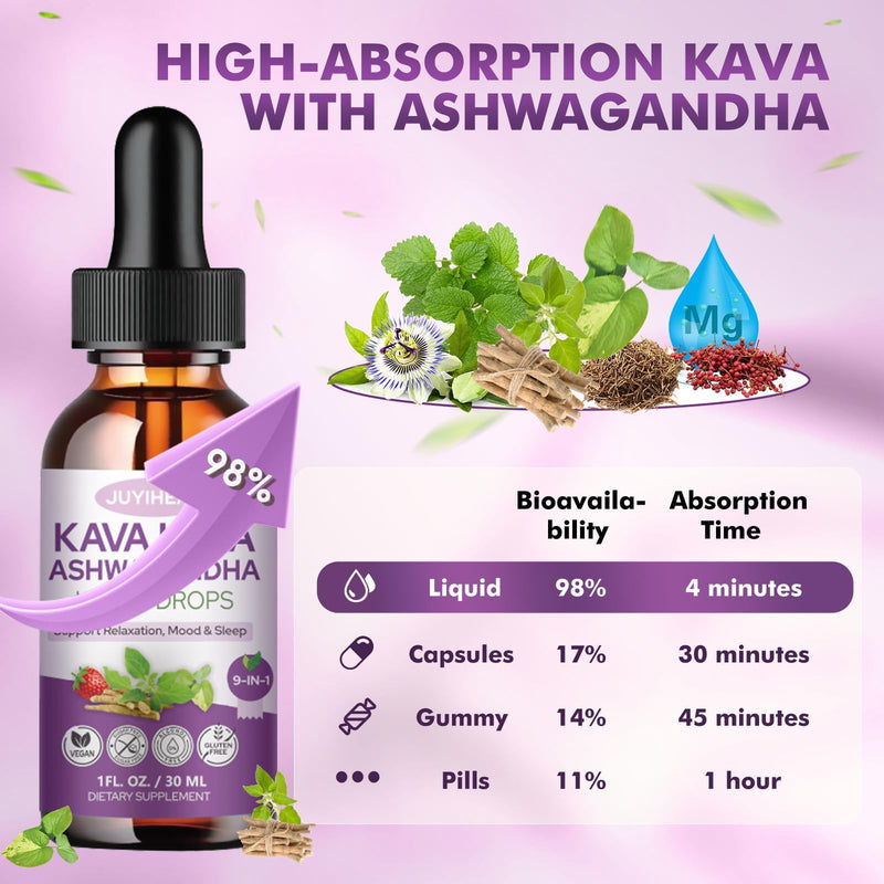 2 Pack Kava Kava Root Extract Supplement, High Concentration Kava with Ashwagandha, Lemon Balm, Valerian Root, Magnesium for Relaxation, Cognitive Support and Immune System, 1 Fl Oz 6.3 Ounce (Pack of 1) - BeesActive Australia