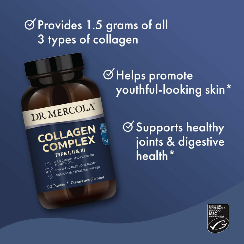 Dr. Mercola Collagen Complex, Marine and Bovine, 90 Tablets (30 Servings) | Supports Skin and Connective Tissue, Types I, II, and III Collagen, Non-GMO, Gluten-Free, and Soy-Free