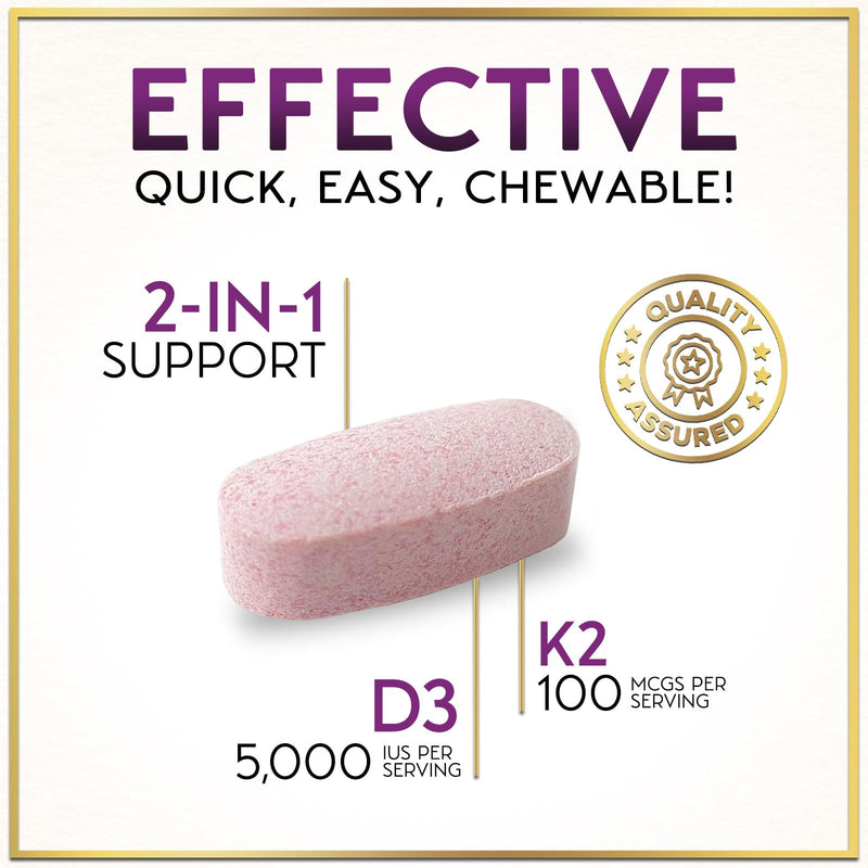 Vitamin D3 K2 - 5000 iu Vitamin D3 Per Serving Vitamin K2 (MK-7) Complex for Immune Support - Natural Bone, Teeth & Muscle Health Support - Berry Chewable, Gluten Free, Bottled in USA - 120 Tablets