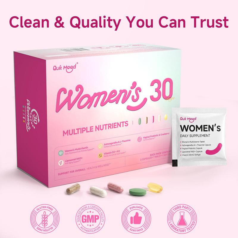 Multivitamin for Women 30+ with D3+K2, Probiotics & NR | Daily Vitamin Packs with Ashwagandha & L-Theanine, Portable Packs for Energy, Gut Health, Bone Support, 60 Day Supply 2 Box