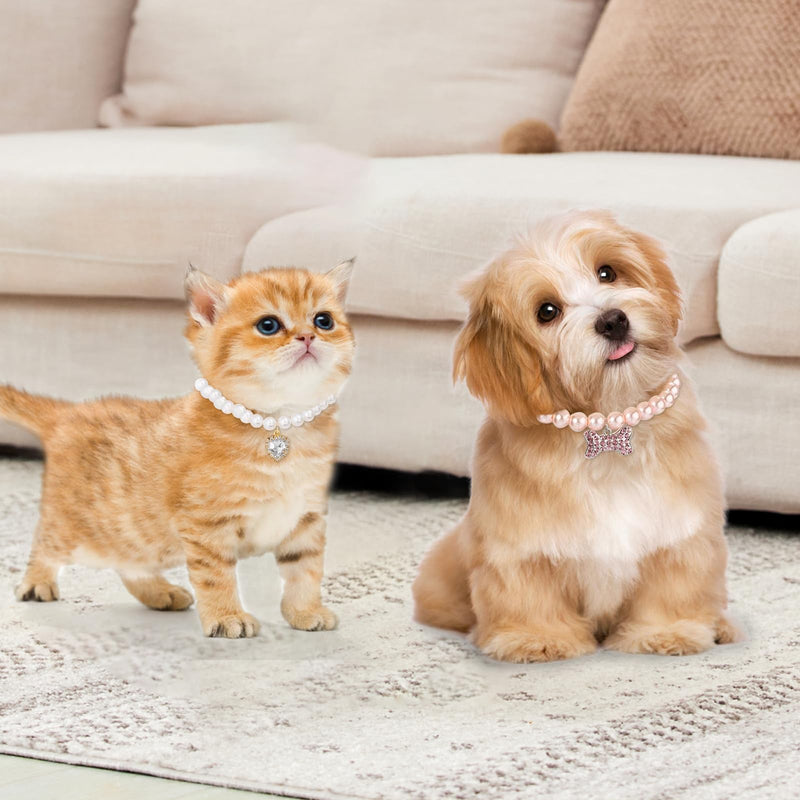 2 Pcs Cat Dog Collars,with Rhinestone Bones,Heart Shape Rhinestone Pet Necklace,Dog Pearl Necklace Collar Cats and Dogs Cute Accessories for Cats and Dogs Birthday, Party, Wedding (S) S - BeesActive Australia