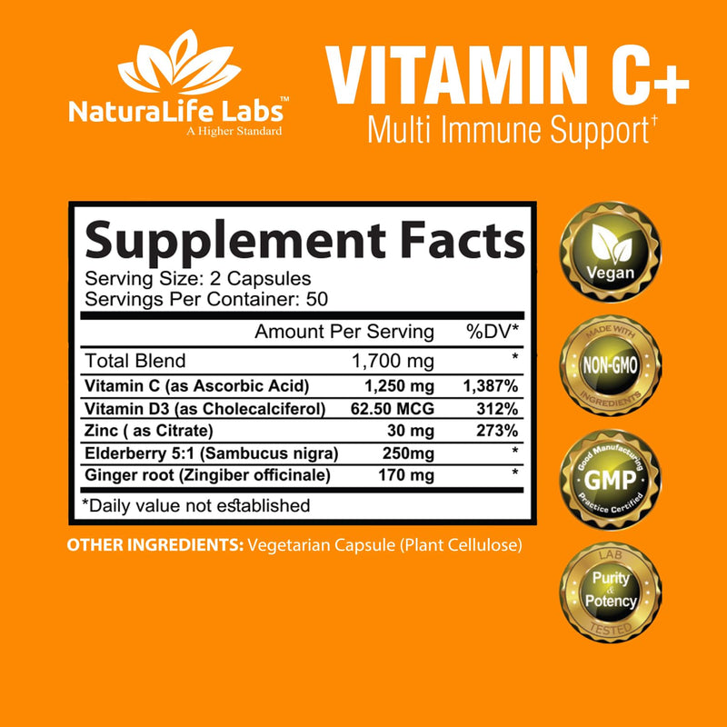 Vitamin C 1,700 MG with Vitamin D3, Zinc, Elderberry, Ginger root - Maximum Strength Multi System Immune Support- 100 veggie Capsules - BeesActive Australia