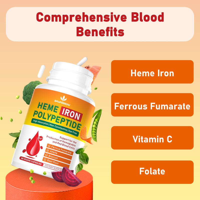 Heme Iron Supplement Vegan Easy to Absorb Vegan 180 Caps | Complete Iron Supplement for Women and Men, Iron Supplement with Folate, Vitamin C and Vitamin A Gut Friendly