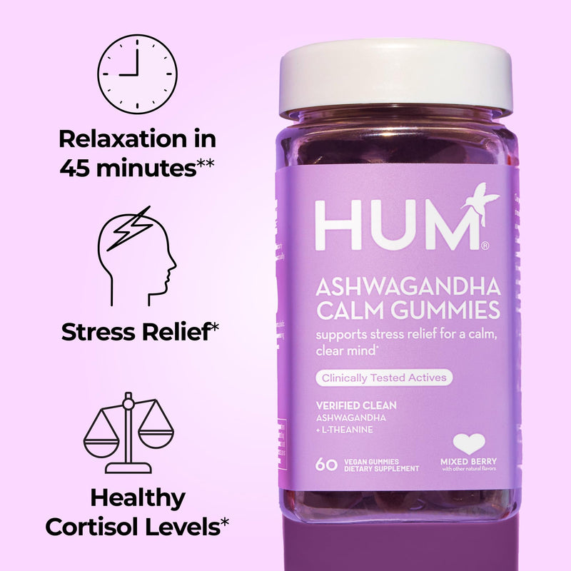 HUM Calm Ashwagandha Gummies with L-Theanine, Mixed Berry, 60 Count | Sensoril Ashwagandha, L-Theanine, Mixed Berry Flavor, Women & Men, Vegan, Non-GMO, 60 Gummies
