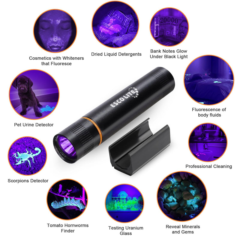 ESCOLITE Black Light Flashlight Mini, 385nM UV Flashlights for pet urine detection, Stickable Ultraviolet Blacklight Flashlight, Blue Light Flashlight UV Light for Dry Stains(Battery Included) - BeesActive Australia