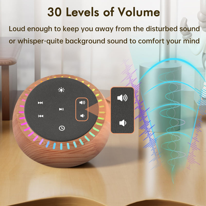 DreamSky Sound Machine for Sleep, White Noise for Sleeping Adults & Baby, Brown Noise Fan for Office Privacy & Noise Canceling, 26 Sounds & RGB Light, USB-C Powered for Home Travel, Wood Grain Small
