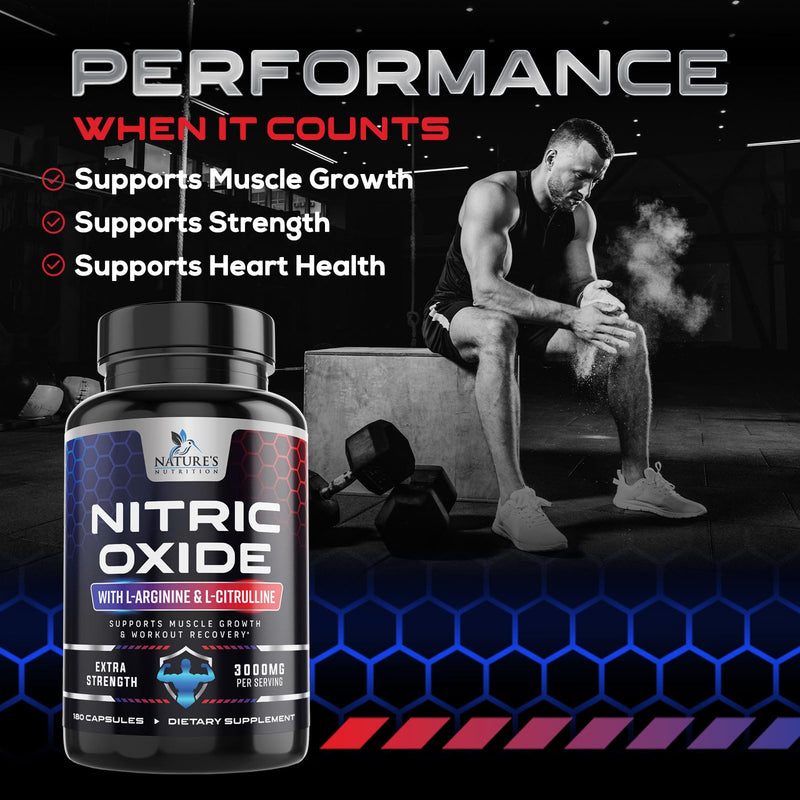 Nitric Oxide Booster Extra Strength - 3X Strength L-Arginine & Citrulline Supplement - Best Nitric Oxide Supplements for Men - Supports Muscle, Heart Health, Energy - Bottled in USA - 180 Capsules 180 Count (Pack of 1)