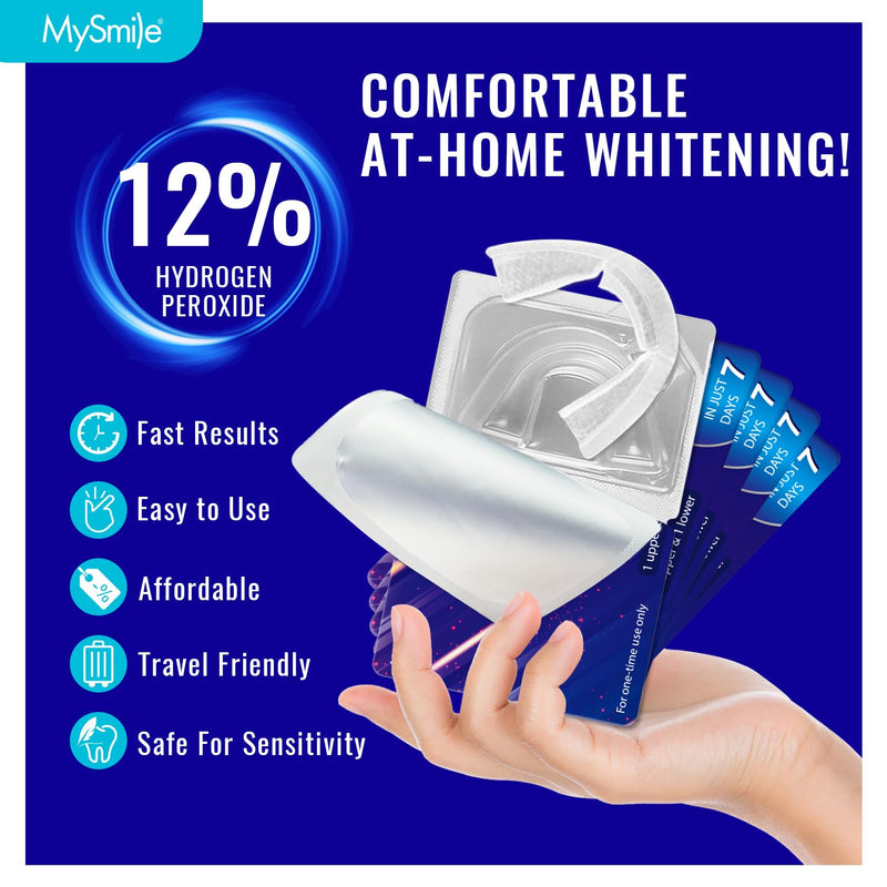 MySmile 7 Treatments Prefilled Teeth Whitening Trays Kit with 12% Hydrogen Peroxide Whiter Gel for Sensitive Tooth, Fast-Result Vegan Teeth Whitener Tooth Stain Remover, Mint Flavor 2 Count (Pack of 7) - BeesActive Australia