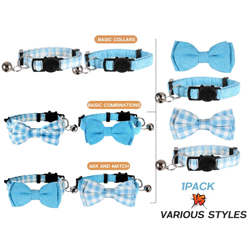 Cute Cat Collar with Bell Adjustable Kitten Collar Bow Tie Collar for Boy Cats Small Pet Collar Classic Plaid & Solid Color Breakaway Safety Collar for Daily Wear (Blue) - BeesActive Australia
