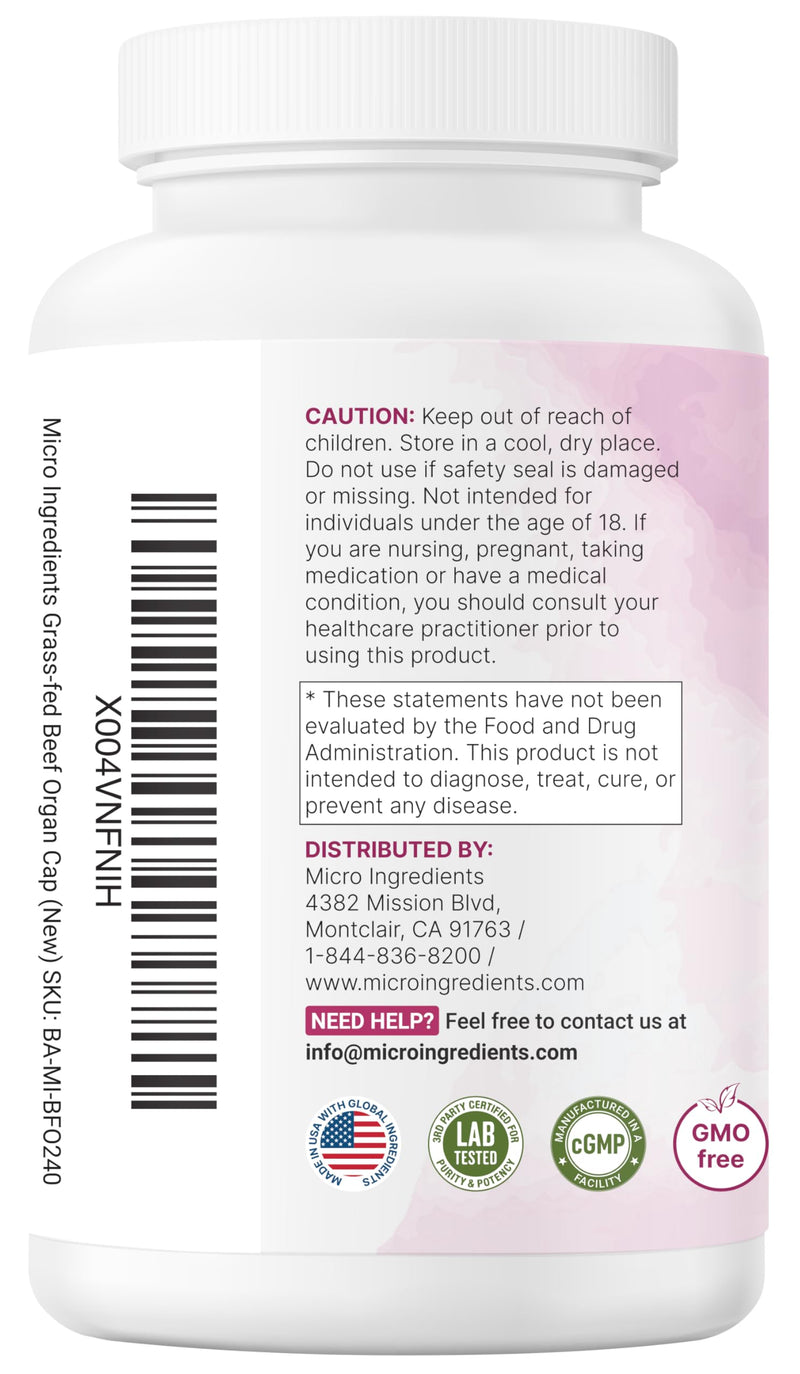 Micro Ingredients Grass‑Fed Beef Organ Supplement for Women – Bovine Beef Liver, Kidney, Heart & Uterus Tissue – 1,200 mg Organ Blend Plus Vitamin C, Colostrum & Collagen – 240 Capsules, No Fillers
