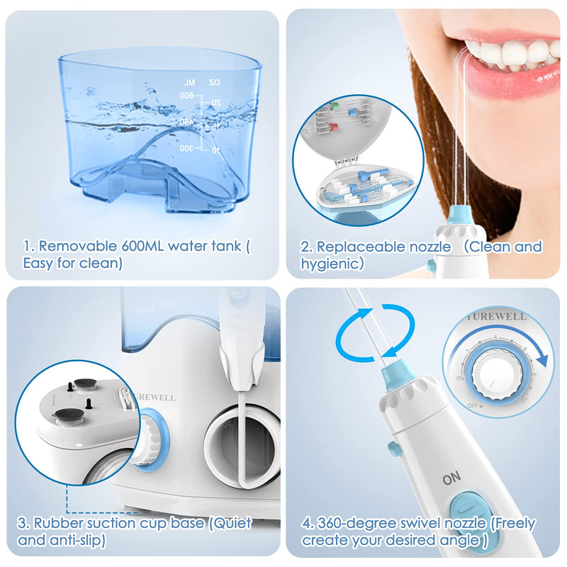 TUREWELL FC162 Water Dental Flosser for Teeth/Braces,10 Pressure Levels, 8 Water Jet Tips for Family, 600ML Electric Water Dental Oral Irrigator for Teeth Clean (White) White