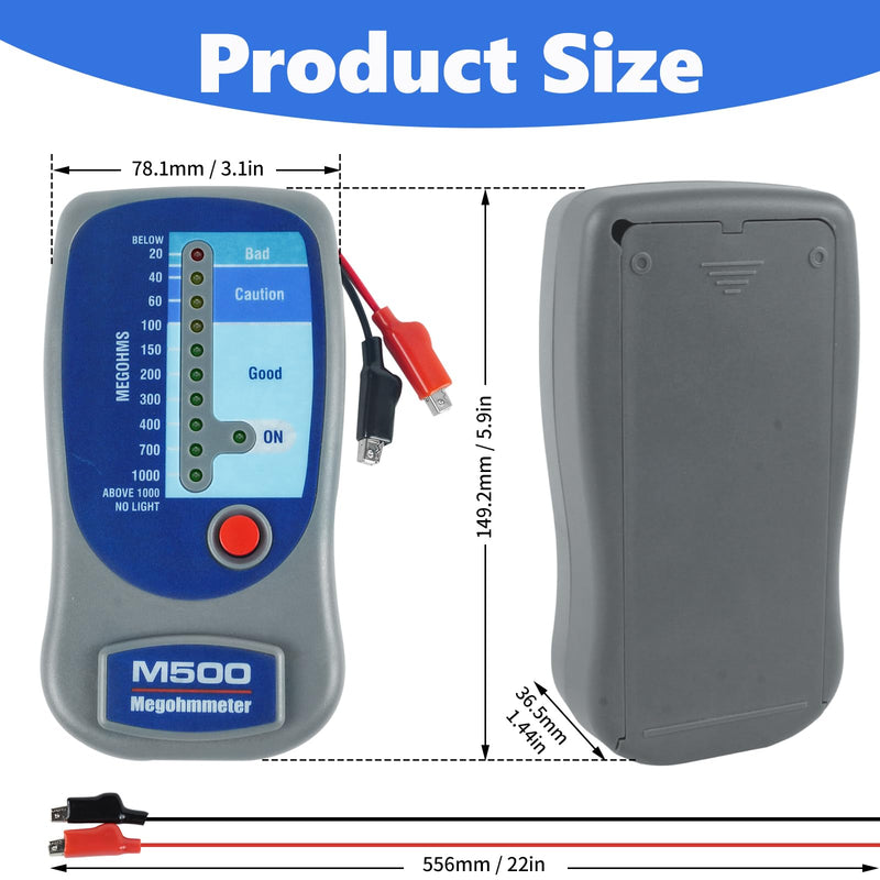 M500 Insulation Tester/Electronic Megohmmeter – 0 to 1000 Megohms, 500V, with Soft Carrying Case