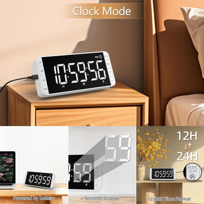 Rechargeable Kitchen Timer - 7.8" Extra Large Display, Magnetic LED, 5 Alarms, 99H Countdown/Countup for Cooking, Classroom, Home Gym White - BeesActive Australia